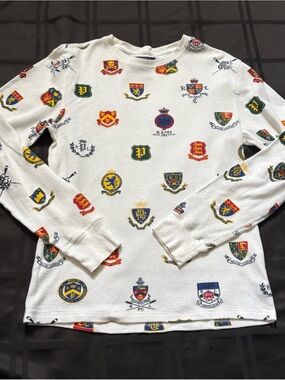 Polo Ralph Lauren All-Over Crest Print Thermal Long-Sleeve Small Shirt White